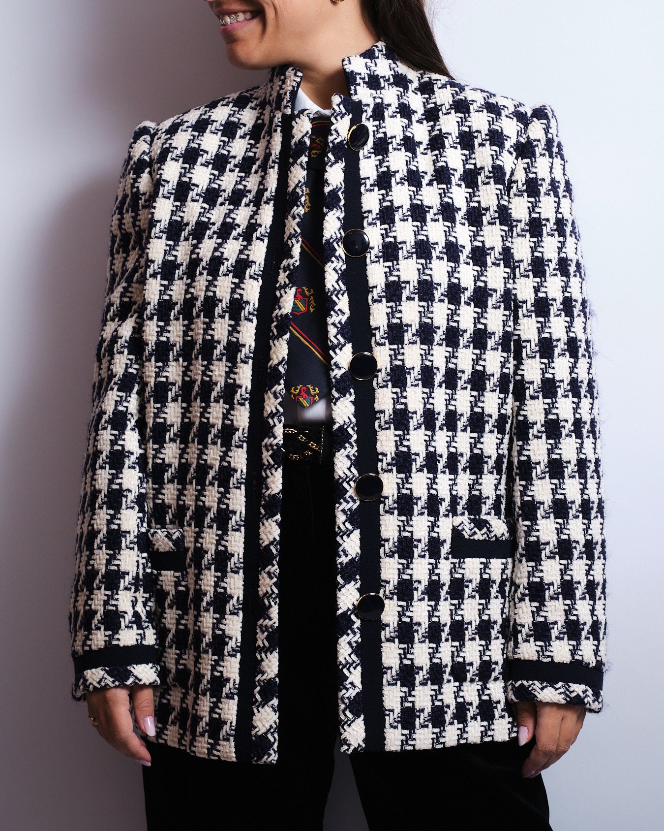 Veste en tweed pied-de-poule bleu marine & écru – Boutons dorés – Années 80