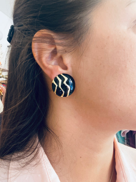 Clips Vintage ronds dorés émaillés noir