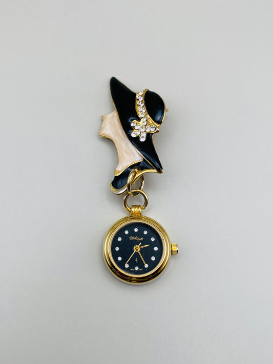 Broche-montre Vintage Claudio Calli – Émail noir et dorure