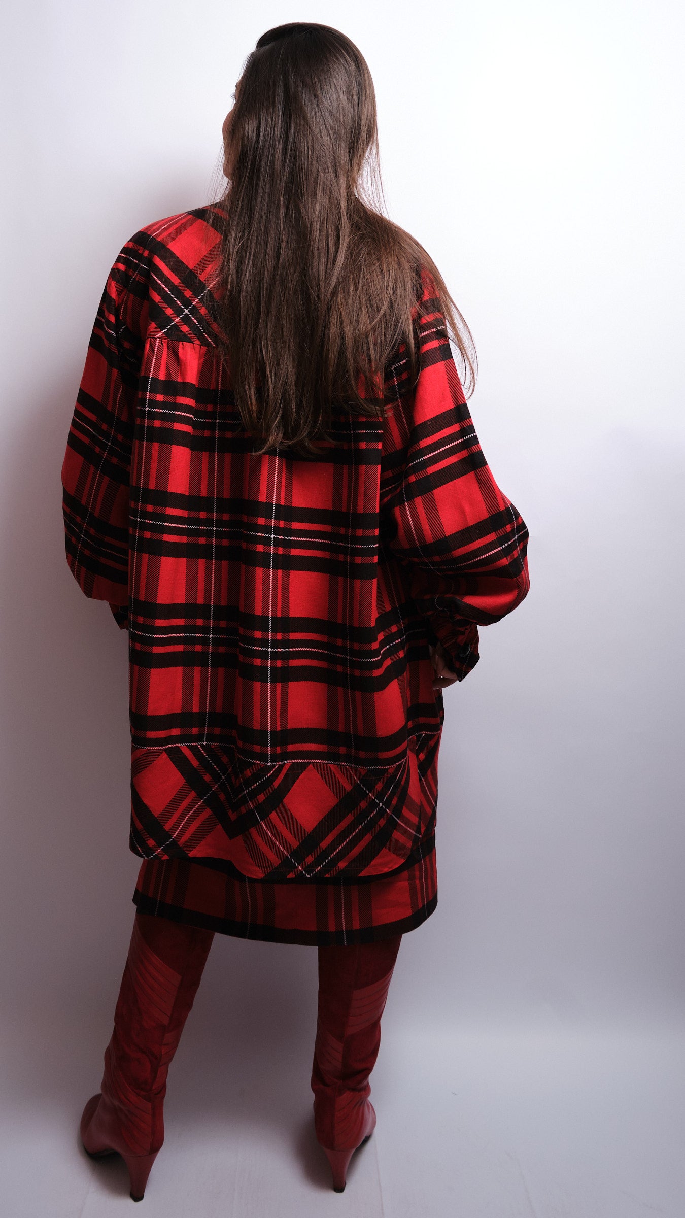 Tailleur jupe vintage tartan rouge – fait main, années 80 / 90