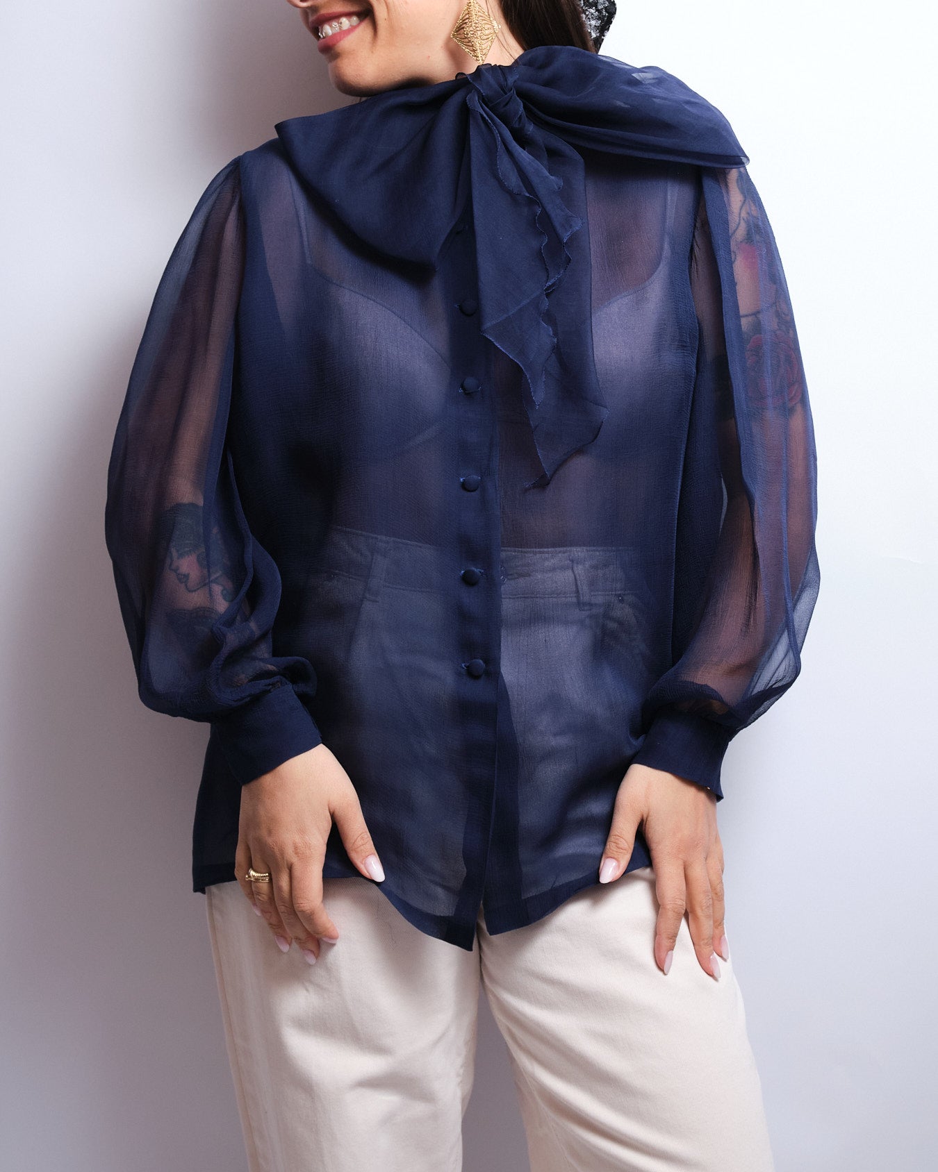 Chemisier vintage en organdi de soie – années 90 fait main