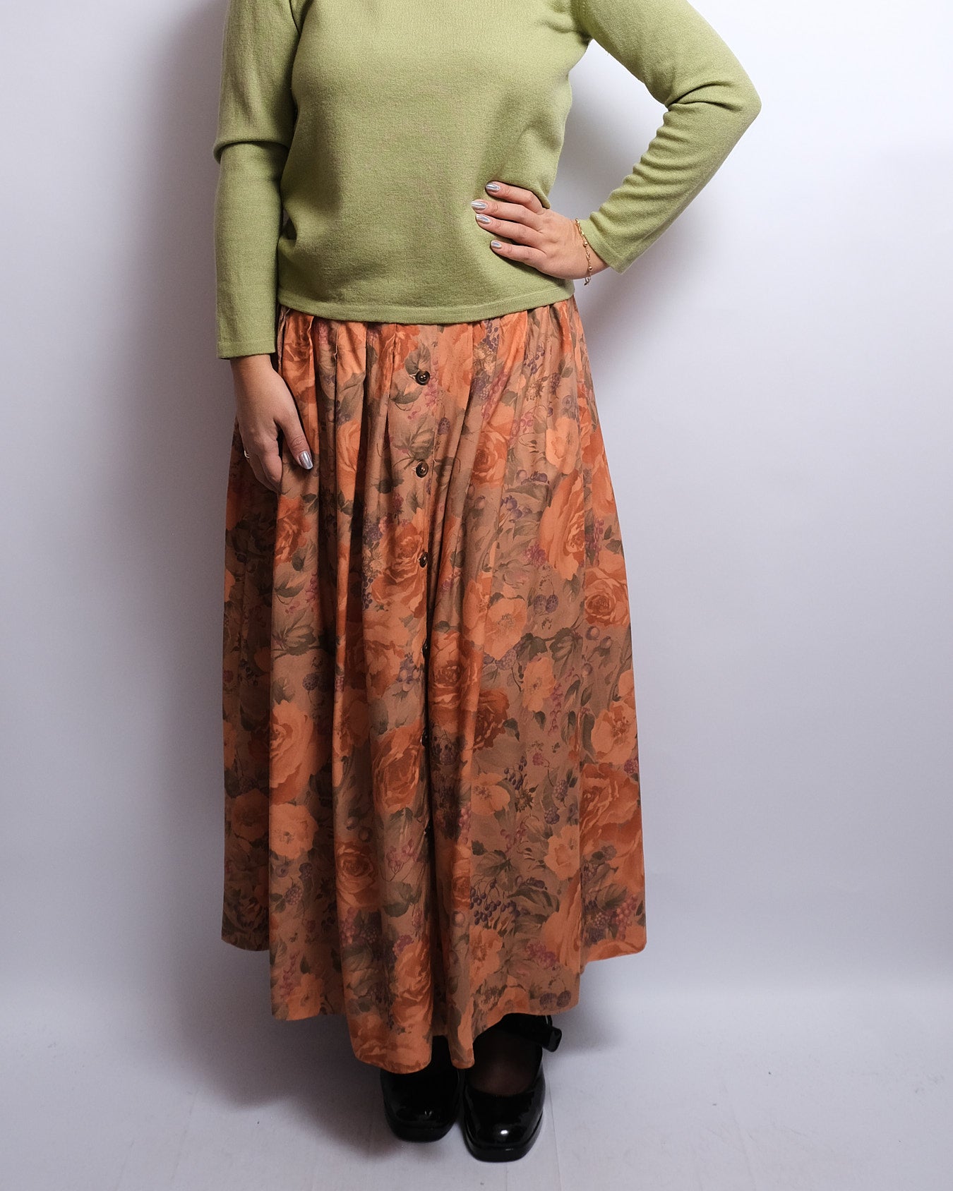 Jupe Longue Vintage en Viscose – Imprimé Fleurs Automnales