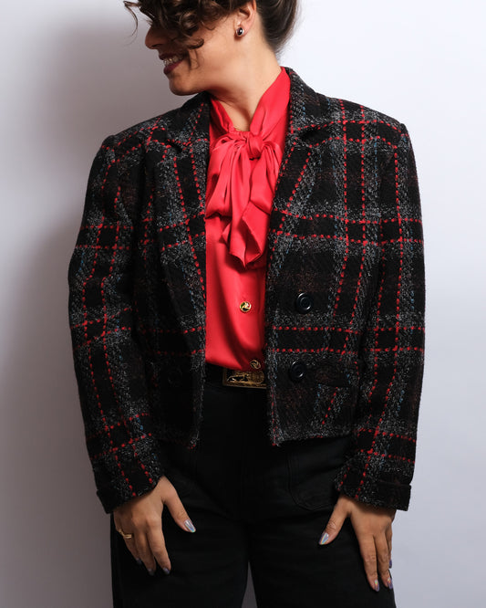 Blazer Vintage en Laine – Motif Carreaux Rouge & Noir – Années 70