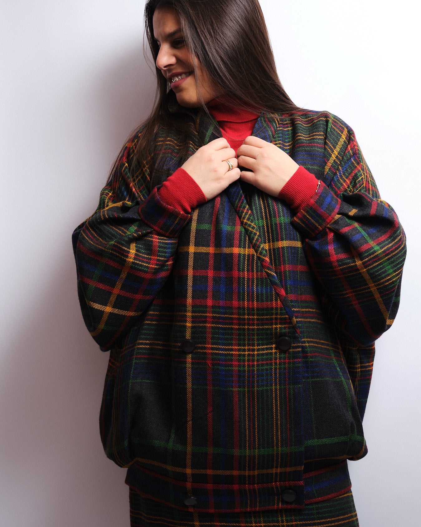 Tailleur jupe vintage tartan multicolore – laine fine, fait main, années 80 / 90