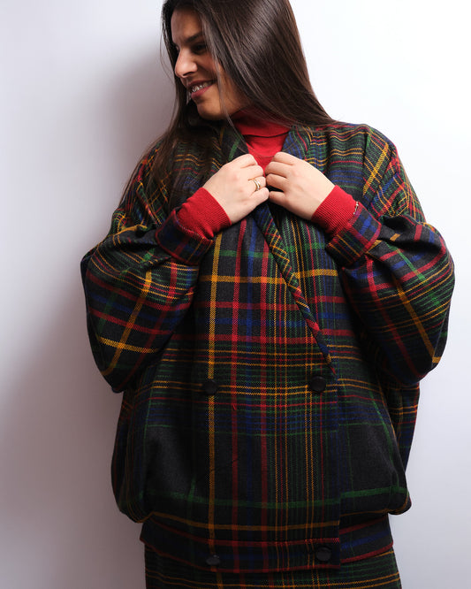 Tailleur jupe vintage tartan multicolore – laine fine, fait main, années 80 / 90