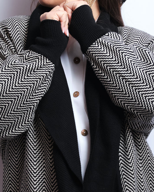 Veste / cardigan vintage fait main – motif graphique noir & blanc 80s