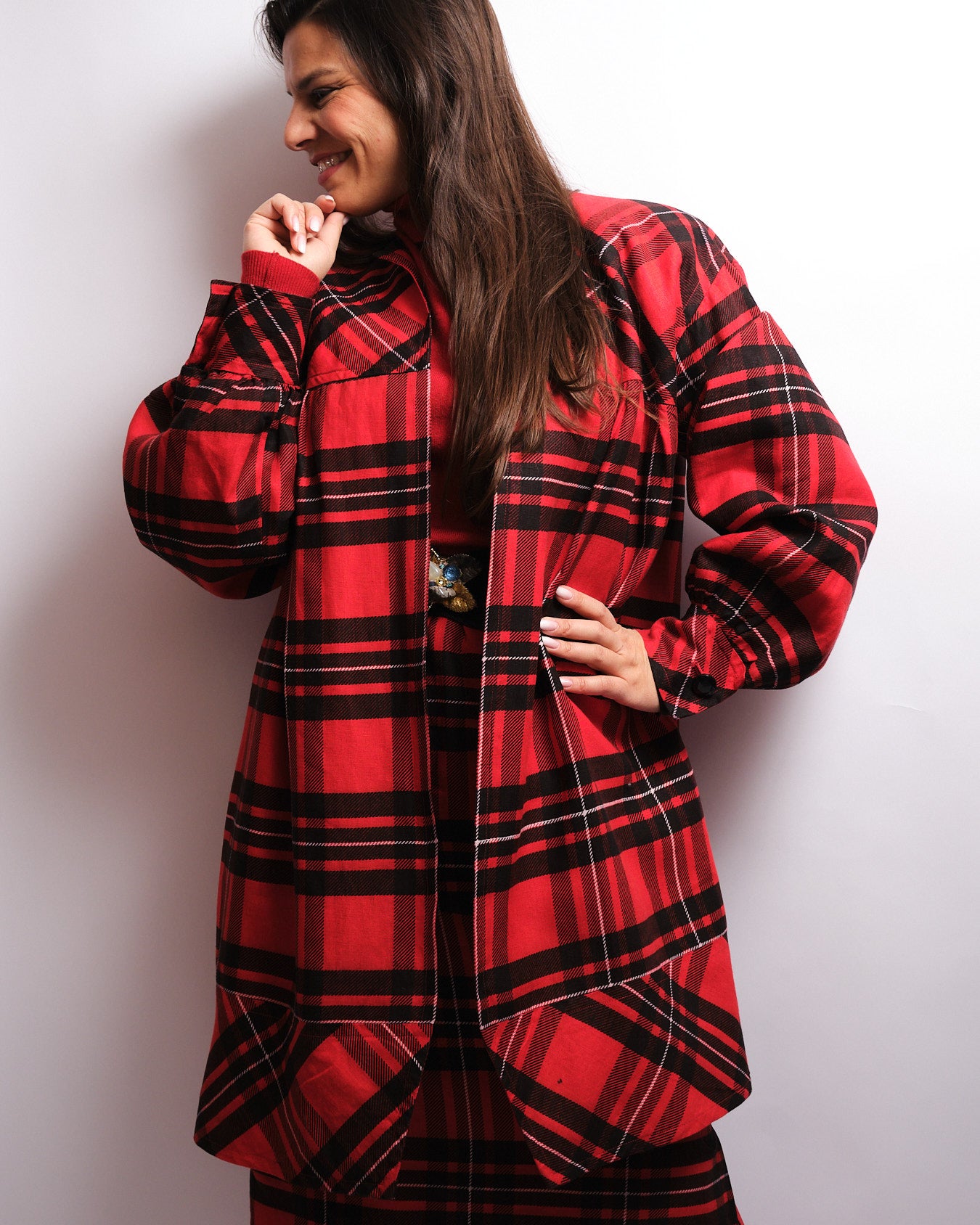 Tailleur jupe vintage tartan rouge – fait main, années 80 / 90