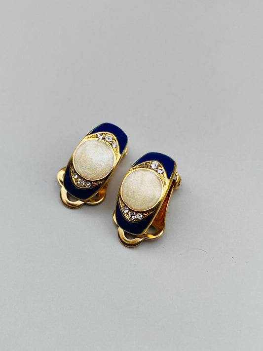 Clips Vintage dorés ovales avec émail bleu