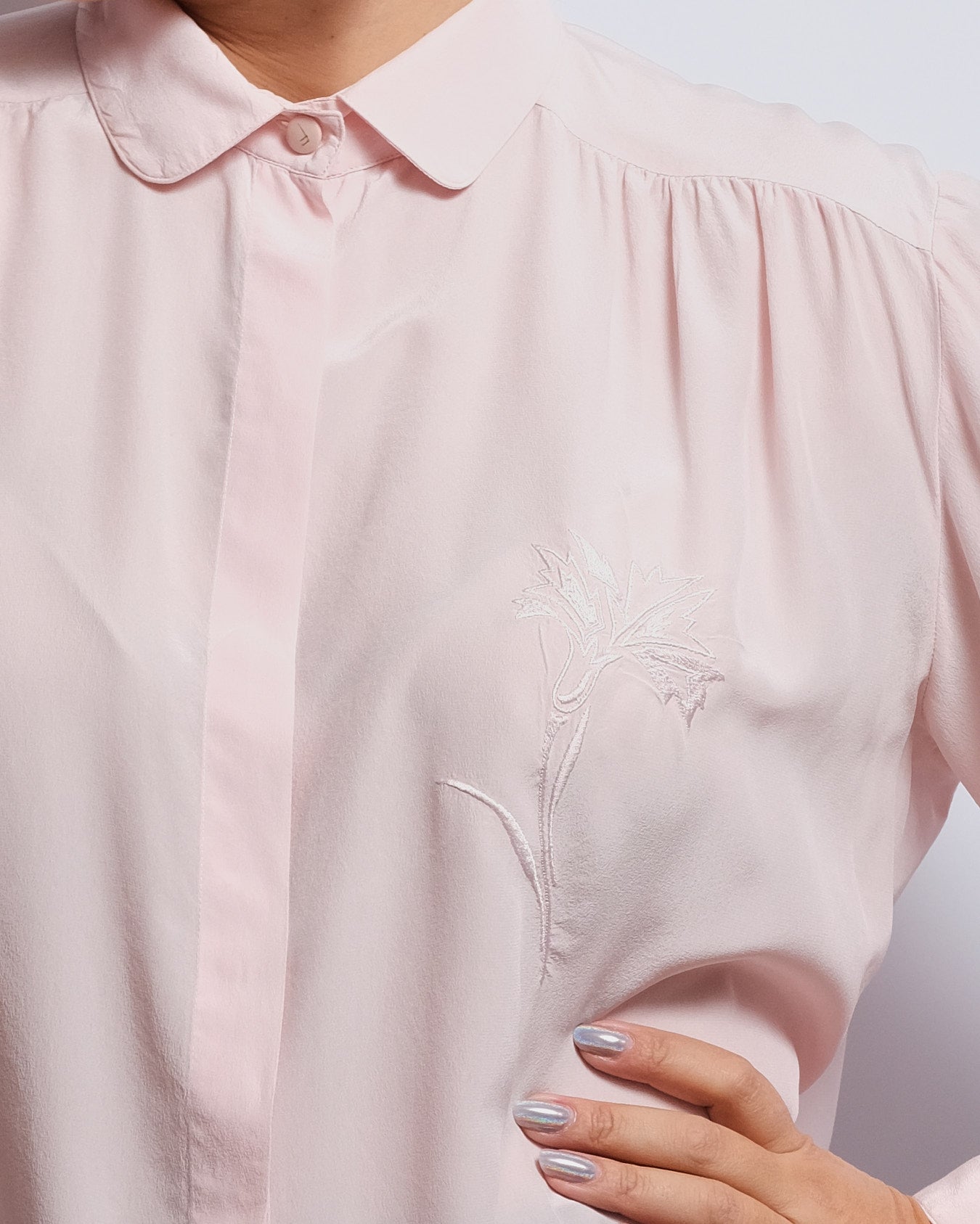 FUZZI Italian silk shirt – Powder pink, delicate embroidery, 1980s/90s