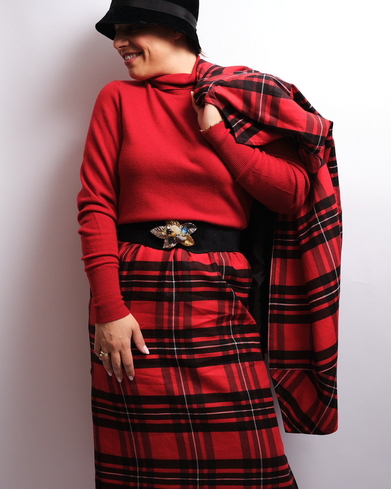 Tailleur jupe vintage tartan rouge – fait main, années 80 / 90