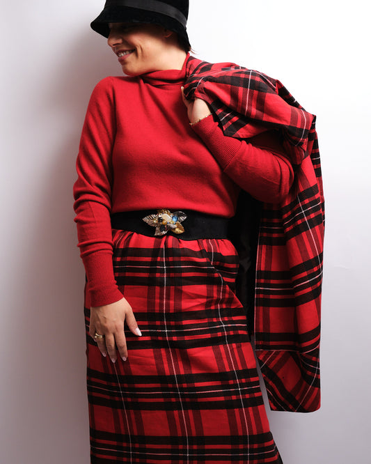 Tailleur jupe vintage tartan rouge – fait main, années 80 / 90