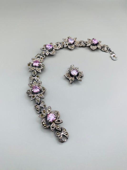 Bracelet et pendentif vintage assorti en argent 925 avec pierres violettes