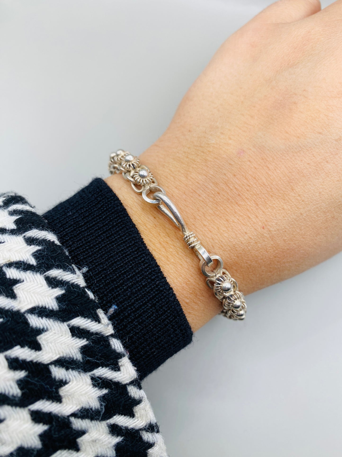 Bracelet vintage en argent 925 à maille décorative – fermoir crochet
