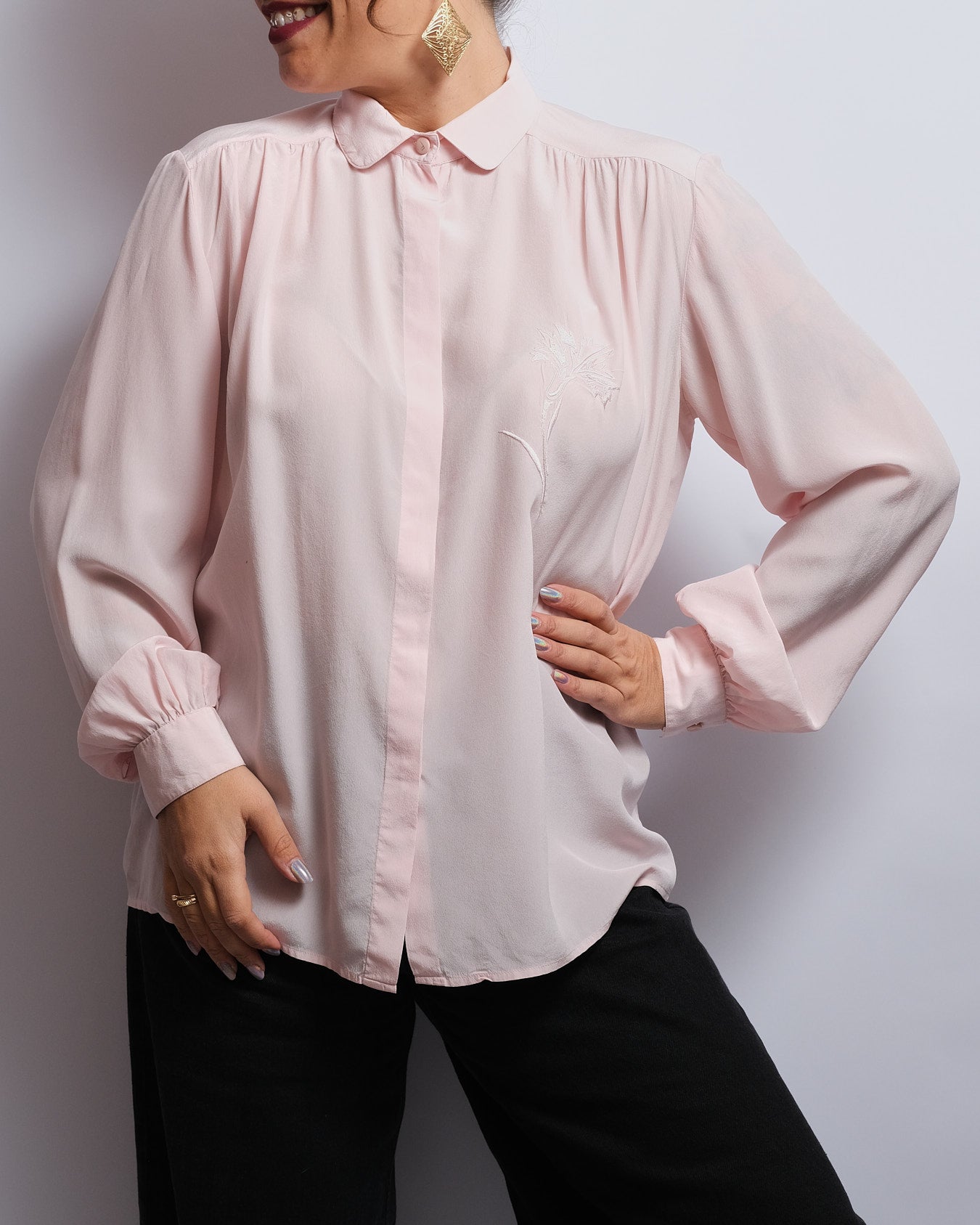 FUZZI Italian silk shirt – Powder pink, delicate embroidery, 1980s/90s