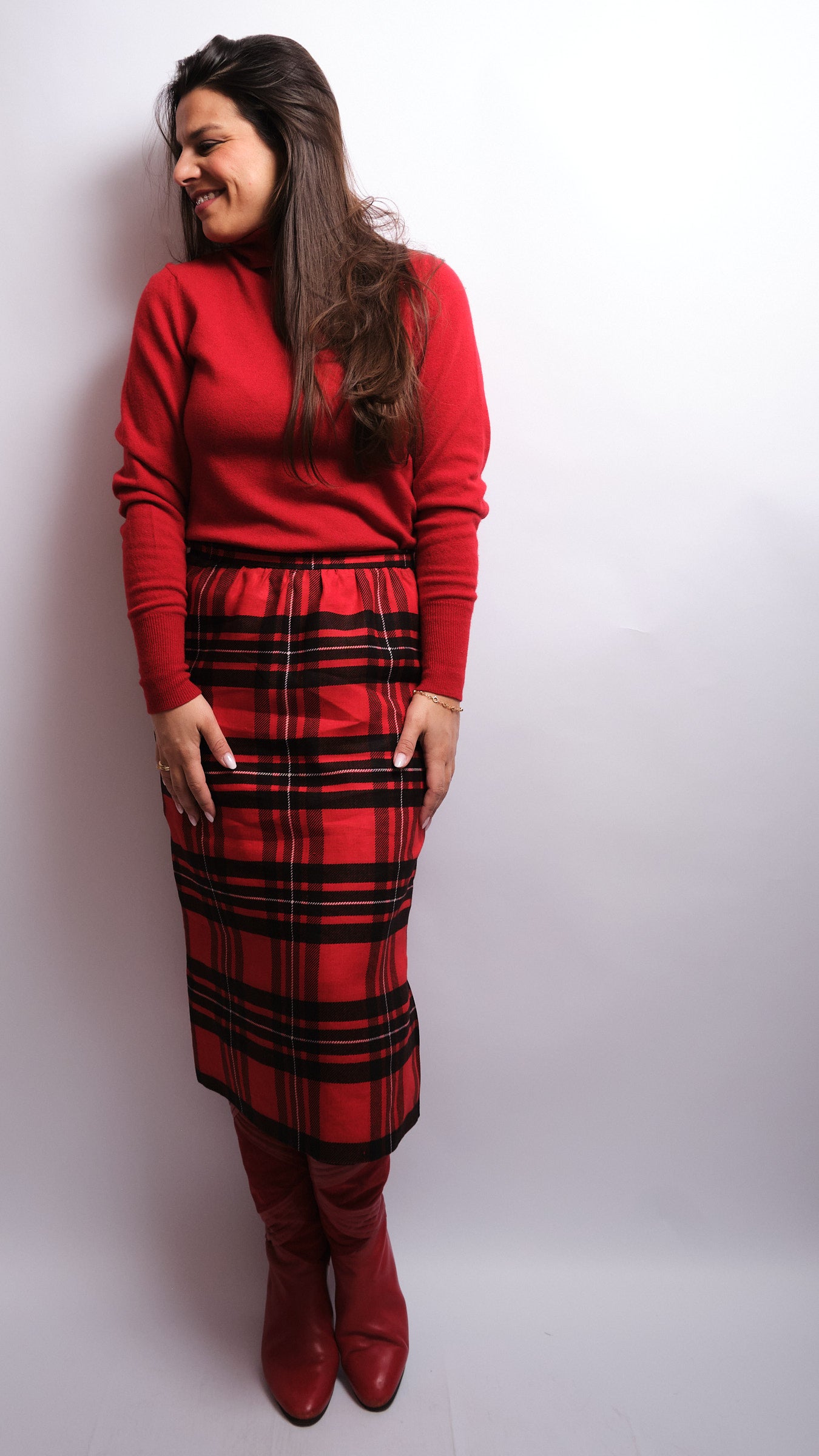 Tailleur jupe vintage tartan rouge – fait main, années 80 / 90