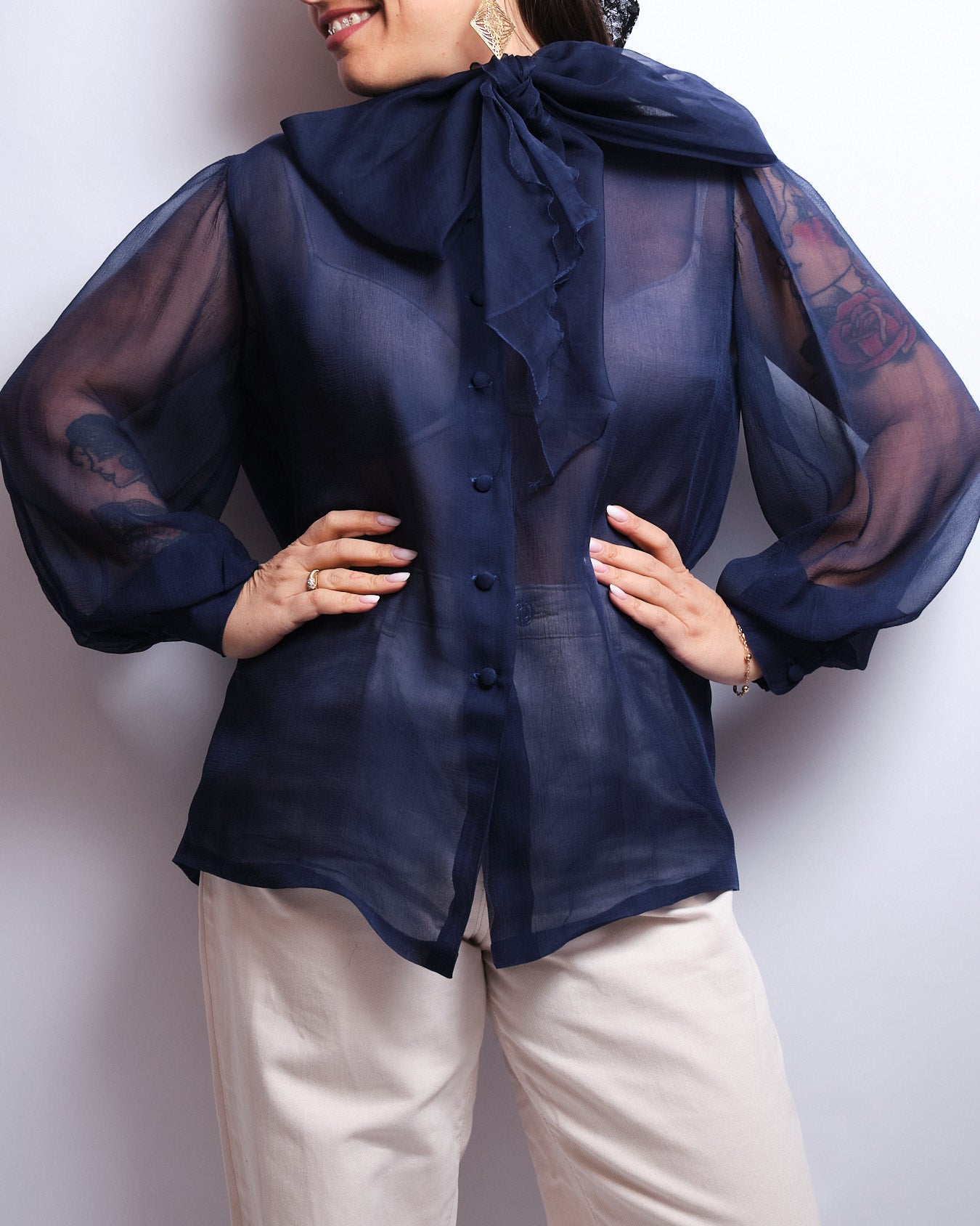 Chemisier vintage en organdi de soie – années 90 fait main