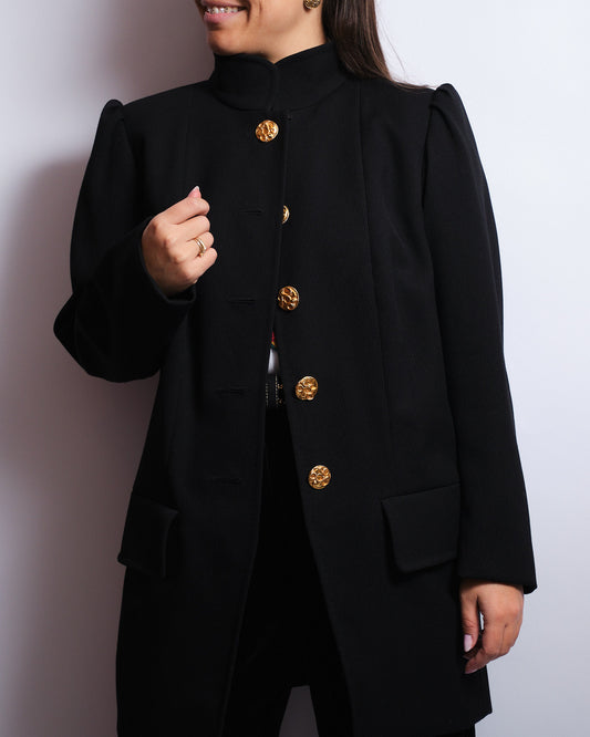 Manteau/Blazer long noir structuré – Boutons dorés sculptés – Artisanat italien des années 70