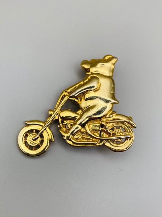 Broche vintage ours biker dorée – Années 1980