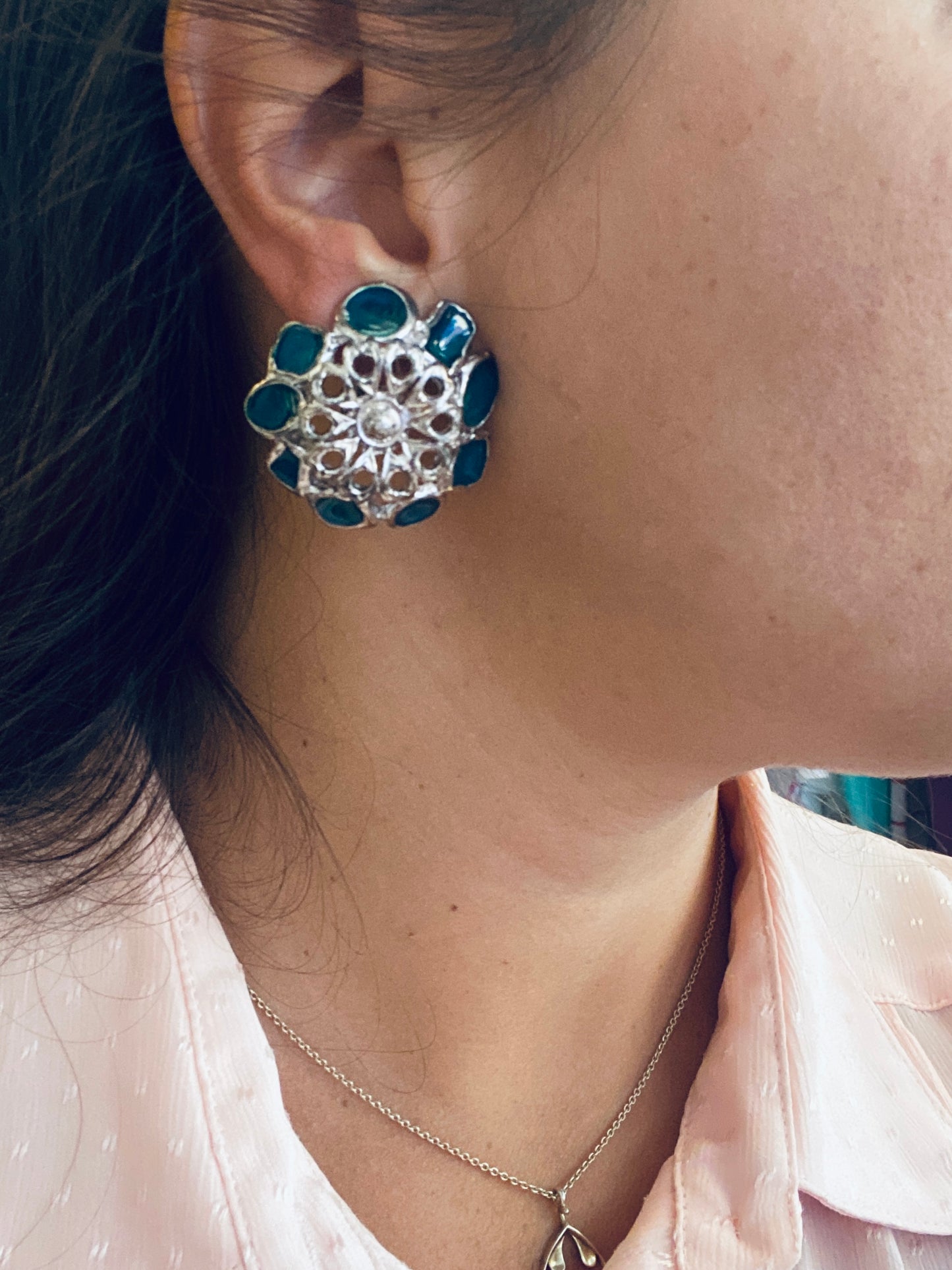 Clips Vintage émaillés bleu vert