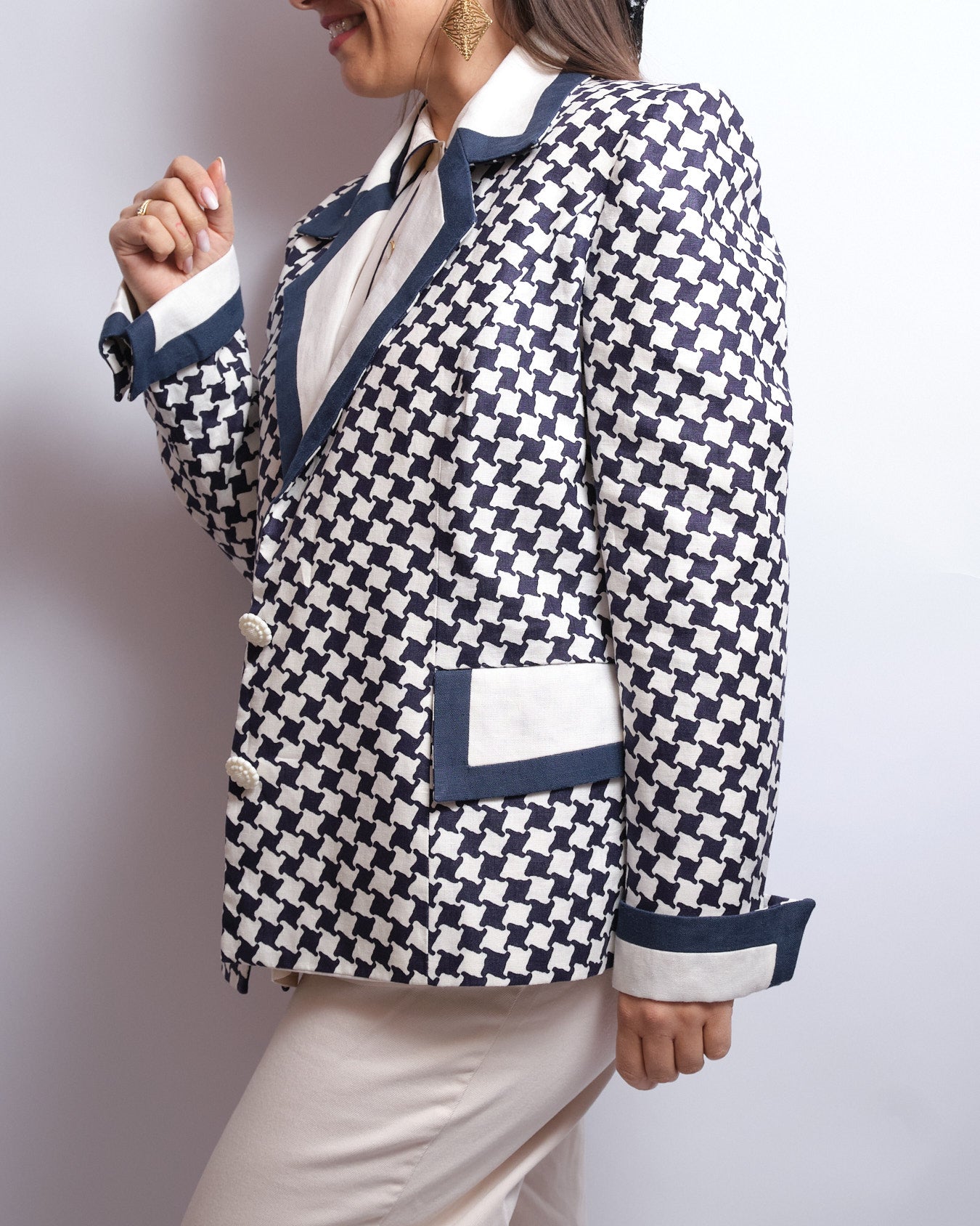 Blazer vintage motif pied-de-poule – fin 80s / début 90s fait main