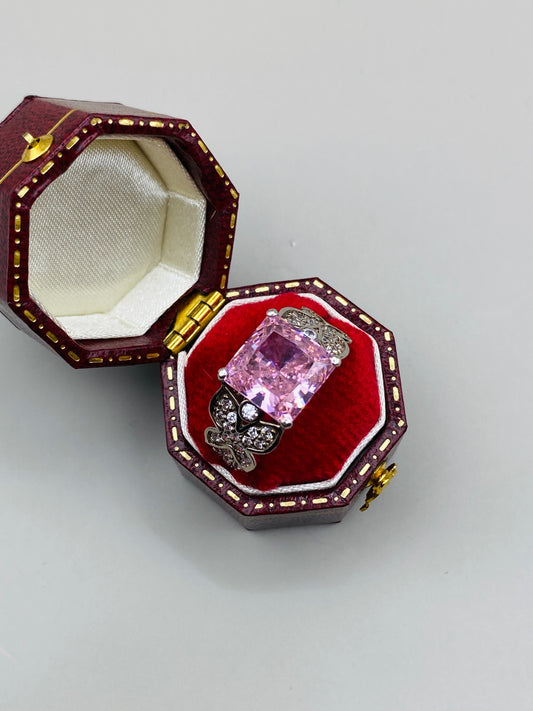Bague cocktail en argent massif 925, pierre rose taille carrée, design statement