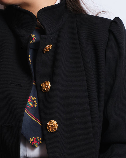 Manteau/Blazer long noir structuré – Boutons dorés sculptés – Artisanat italien des années 70