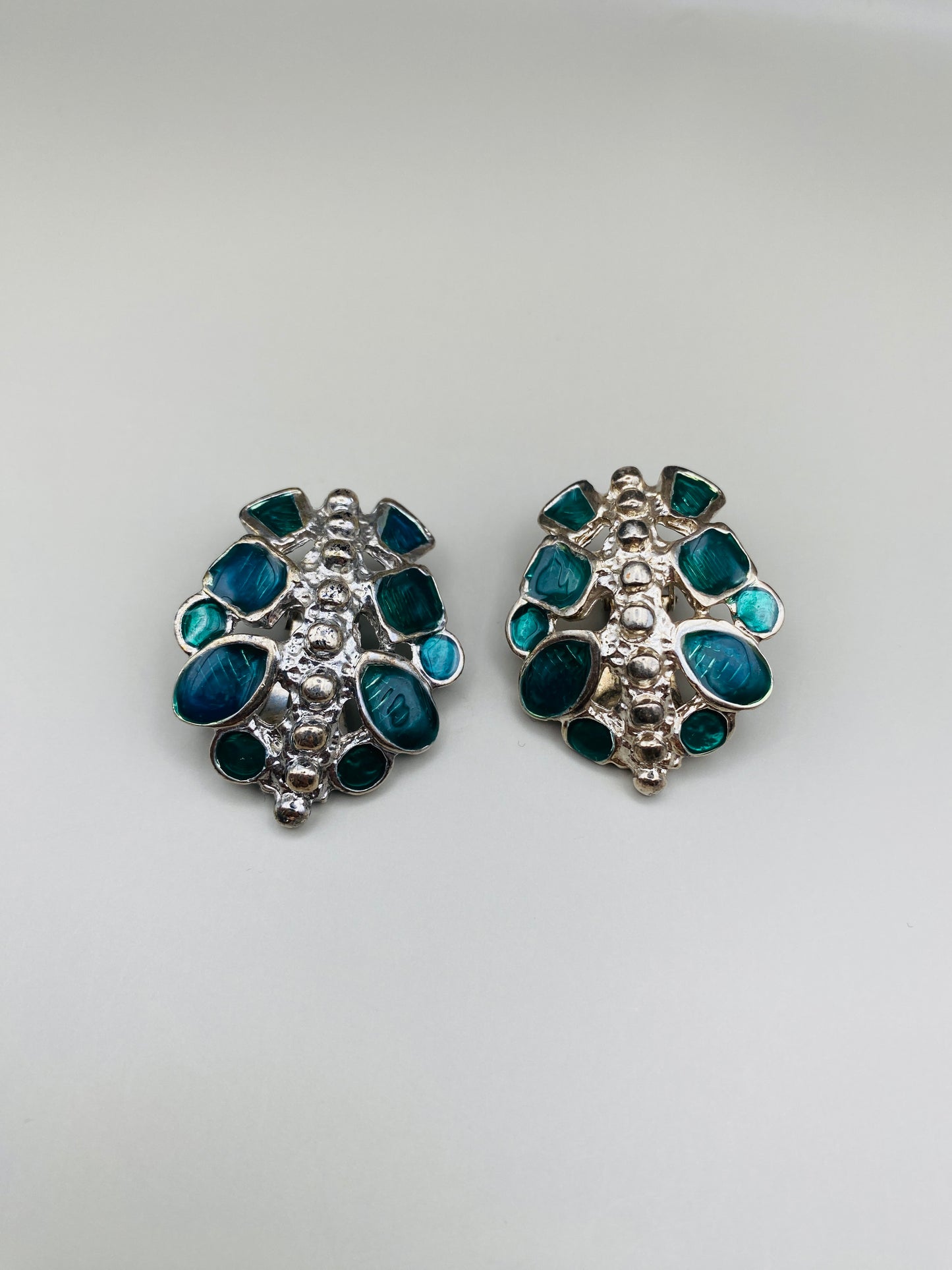 Clips Vintage argentés et verts, style mosaïque