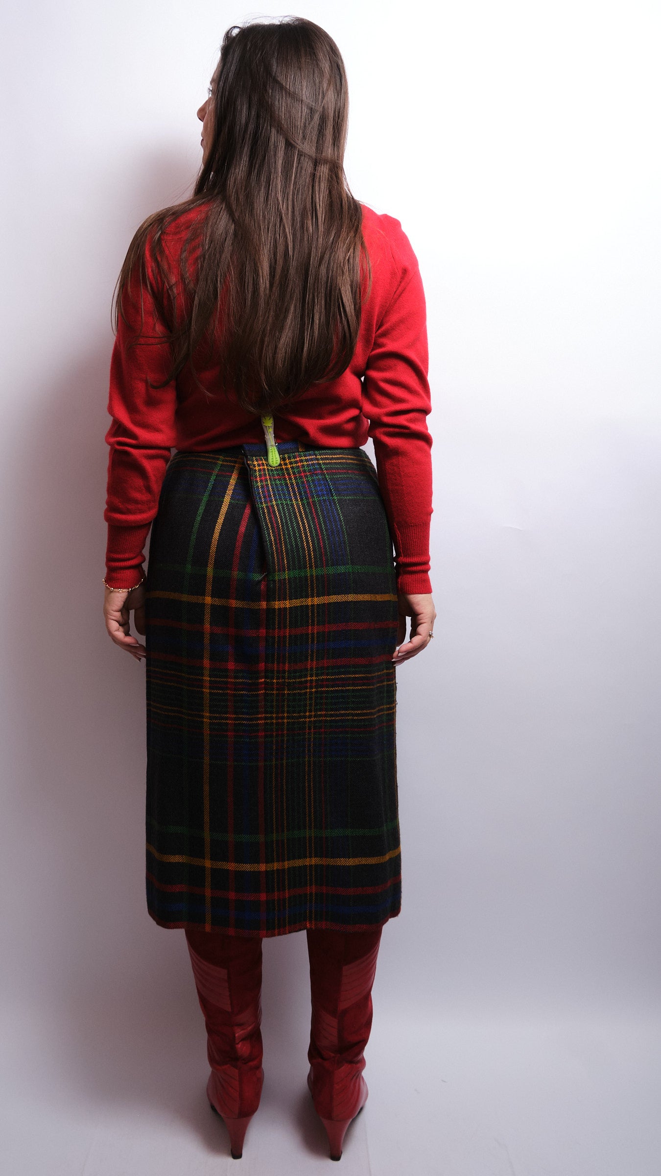 Tailleur jupe vintage tartan multicolore – laine fine, fait main, années 80 / 90