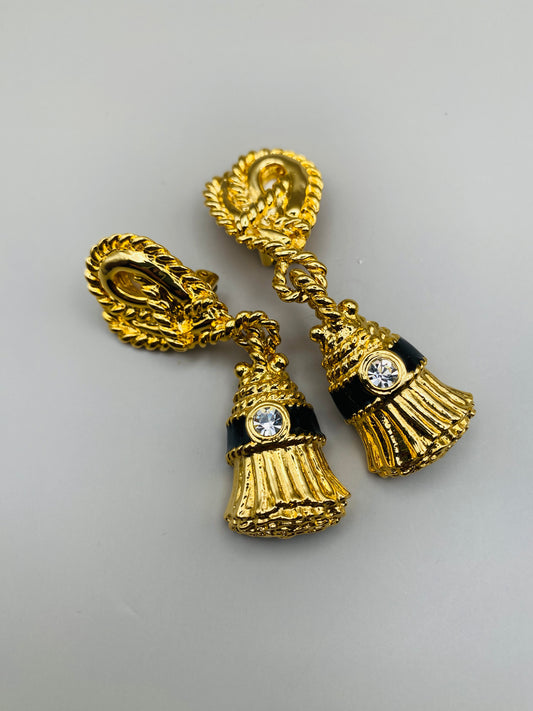 Boucles d’oreilles vintage IVANA – Pompons dorés sculptés, émail noir & strass (années 80, deadstock)