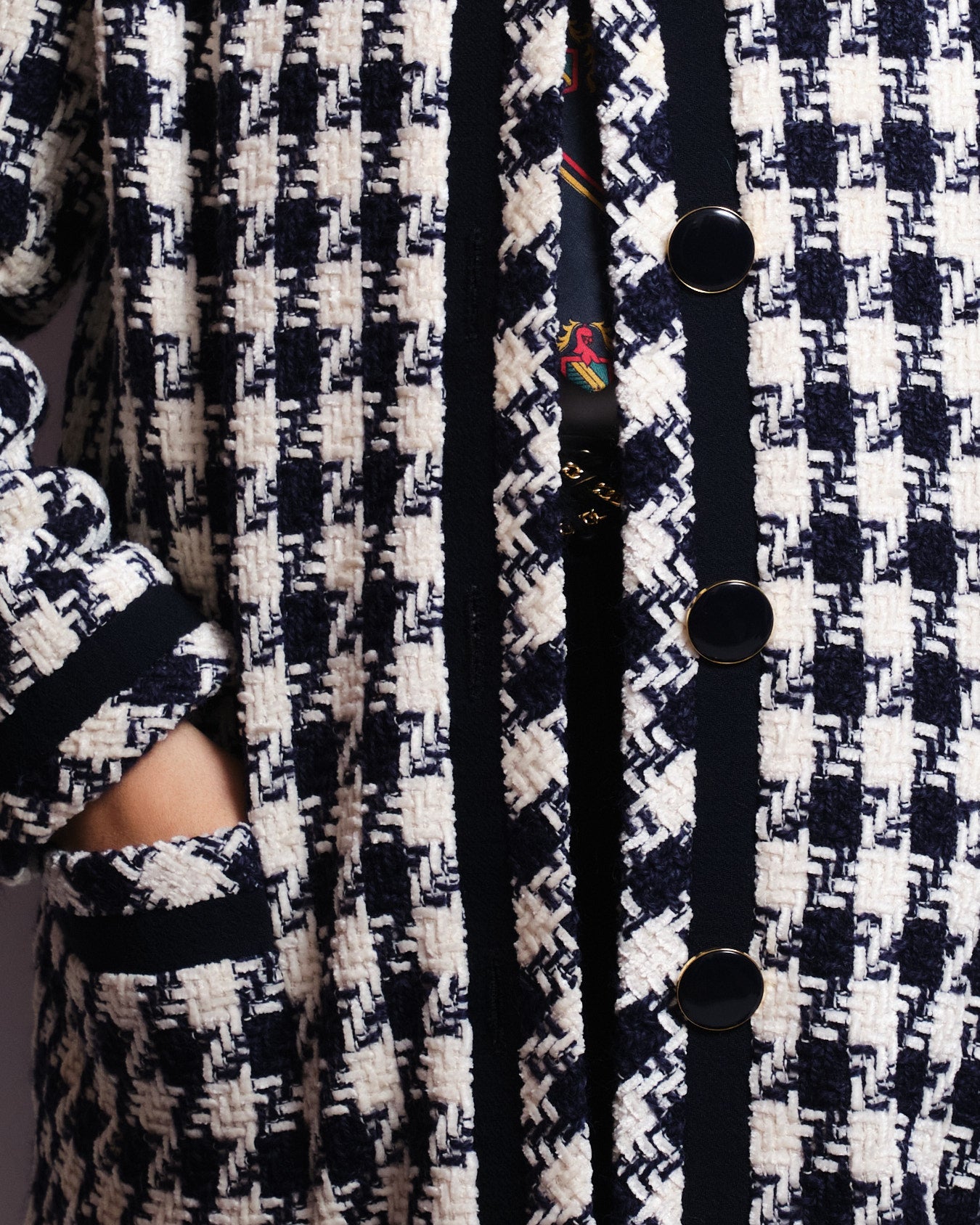 Veste en tweed pied-de-poule bleu marine & écru – Boutons dorés – Années 80