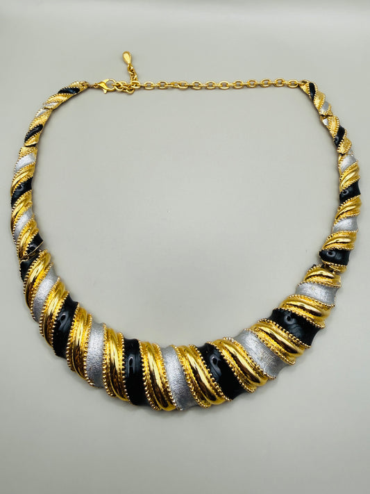 Collier Vintage Sculptural Tricolore — Noir, doré & Argenté (années 80-90)