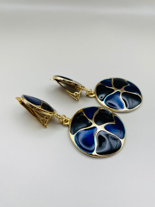 Clips Vintage ronds pendants émaillés bleu marine