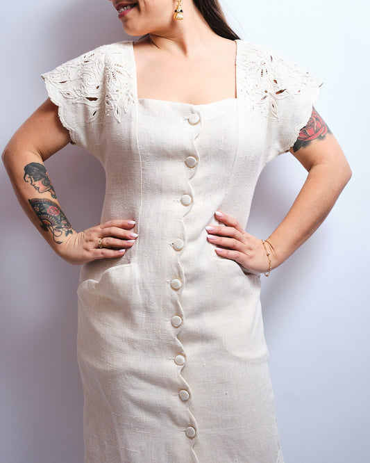 Robe vintage 90s en lin – élégance naturelle & détails brodés