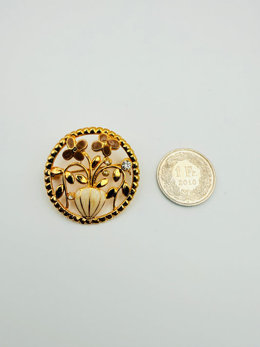 Broche florale ronde dorée nacrée vintage
