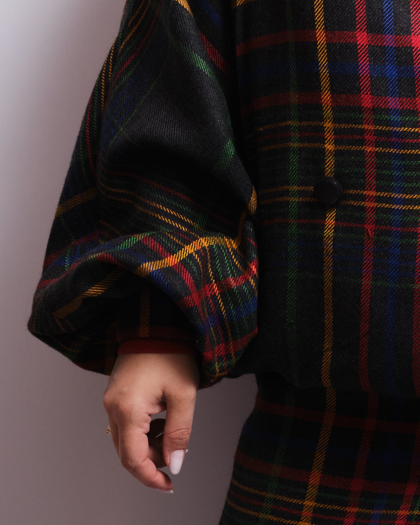 Tailleur jupe vintage tartan multicolore – laine fine, fait main, années 80 / 90