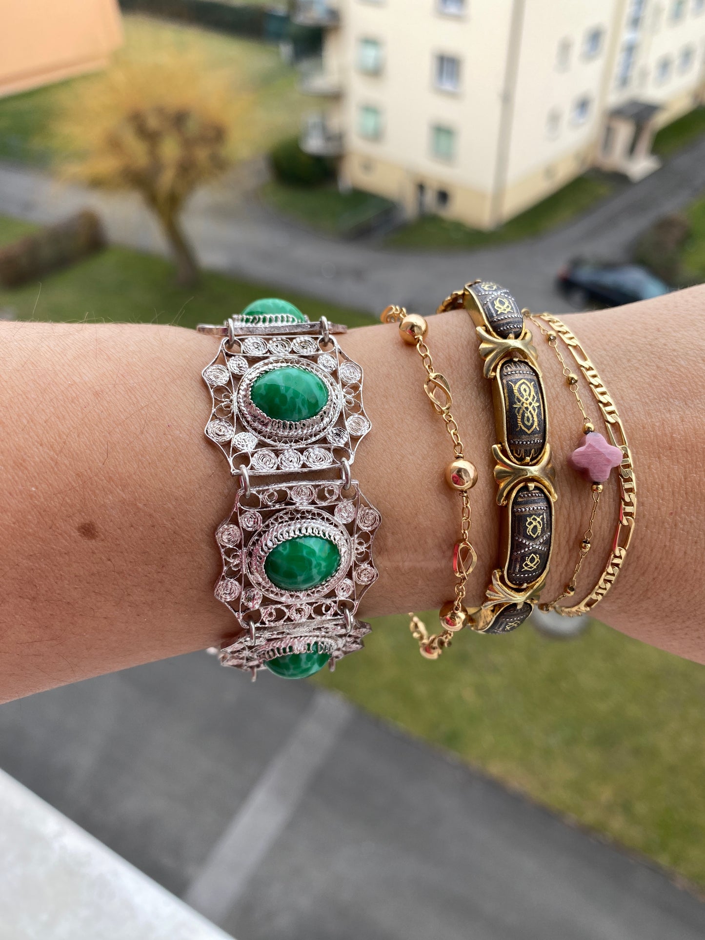 Bracelet Vintage en filigrane argent et malachite