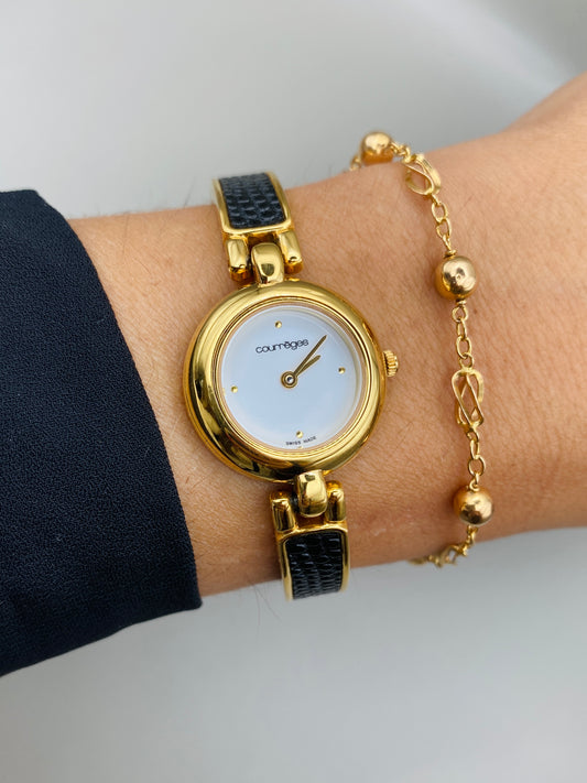 Montre Vintage Courrèges Paris – Swiss Made, dorée et cuir noir