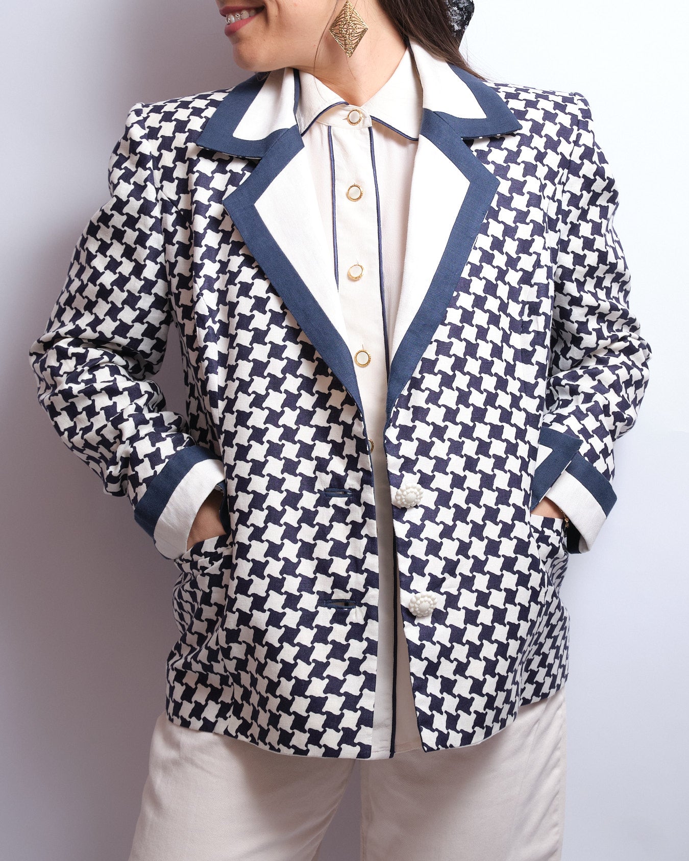 Blazer vintage motif pied-de-poule – fin 80s / début 90s fait main