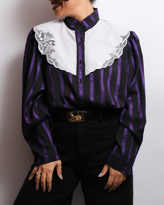 Chemisier Vintage Années 80 – Rayures Violet & Noir, Col Brodé