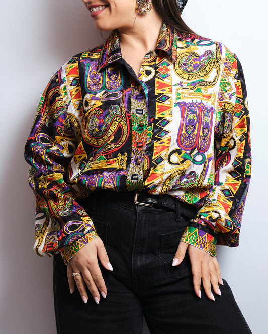 Chemisier vintage SOLANGE MONDOR – explosion graphique & esprit 80s