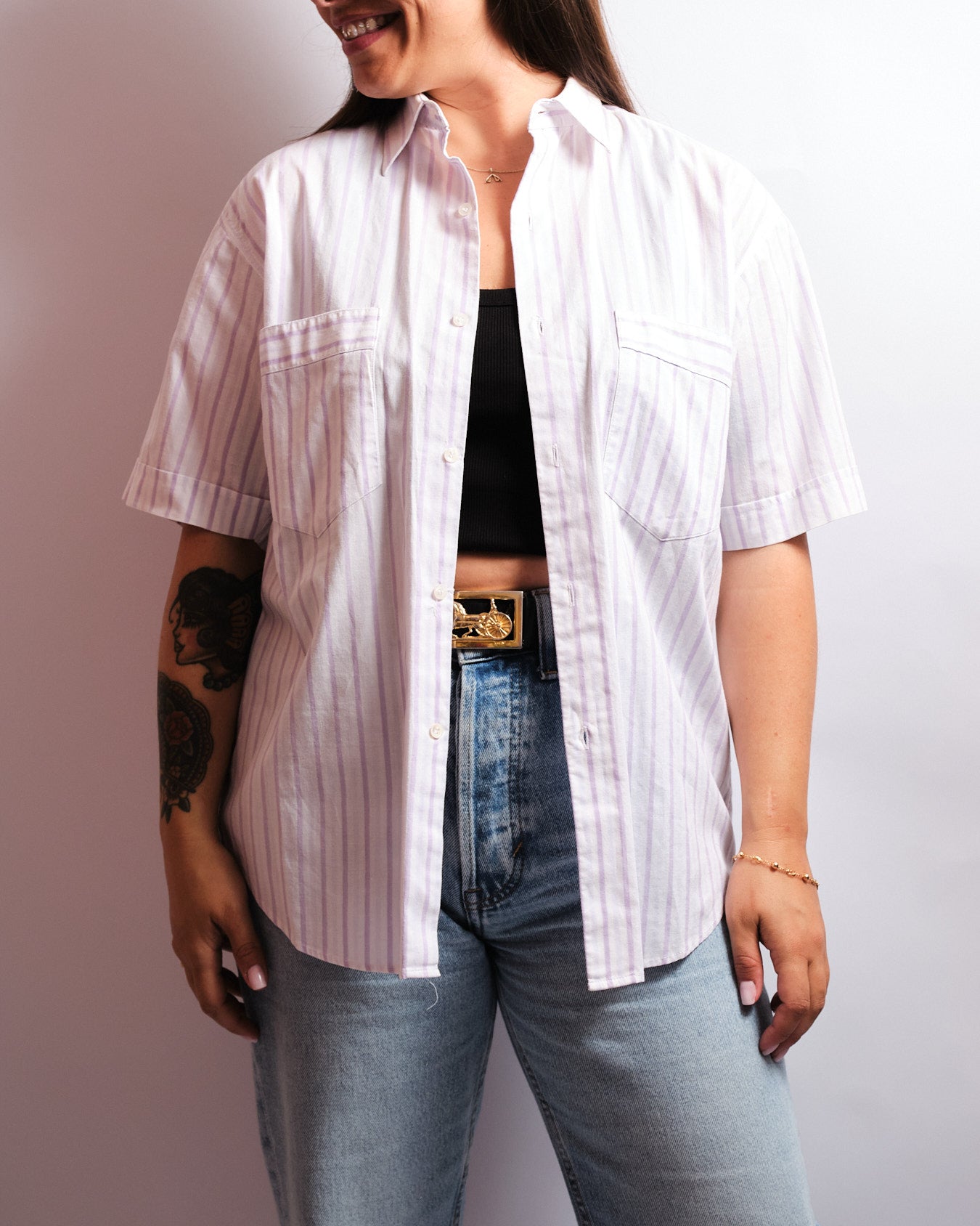 Chemise vintage Aventure by MP — rayures lilas des années 90