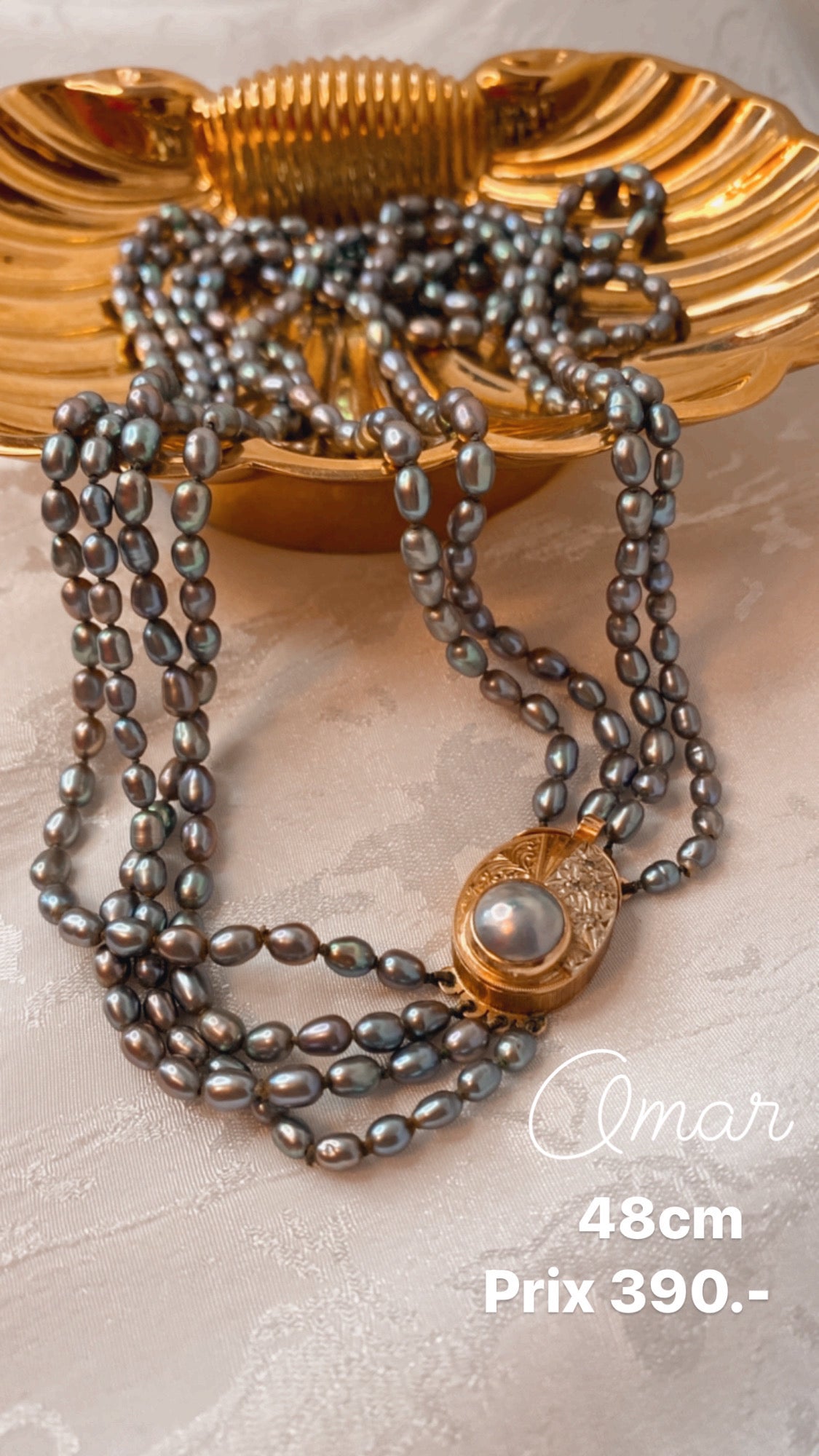 Collier Vintage 80s en perles d’eau douce grises or et diamants