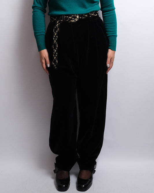 Pantalon Vintage Années 80 – Velours Noir Épais & Ceinture Assortie
