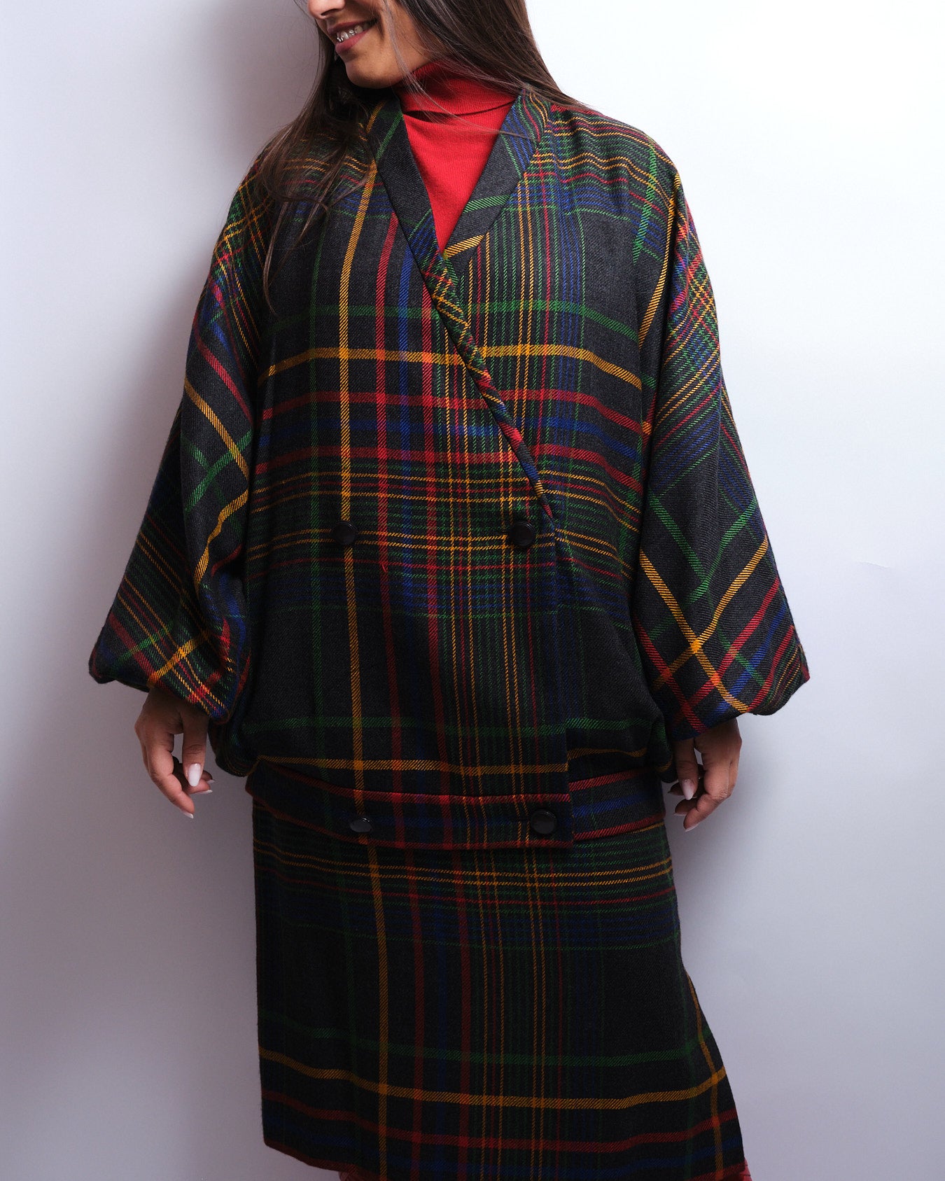 Tailleur jupe vintage tartan multicolore – laine fine, fait main, années 80 / 90