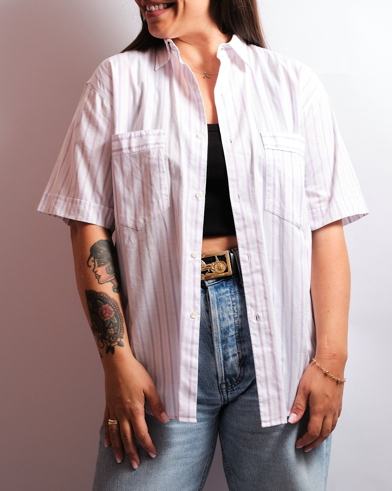 Chemise vintage Aventure by MP — rayures lilas des années 90