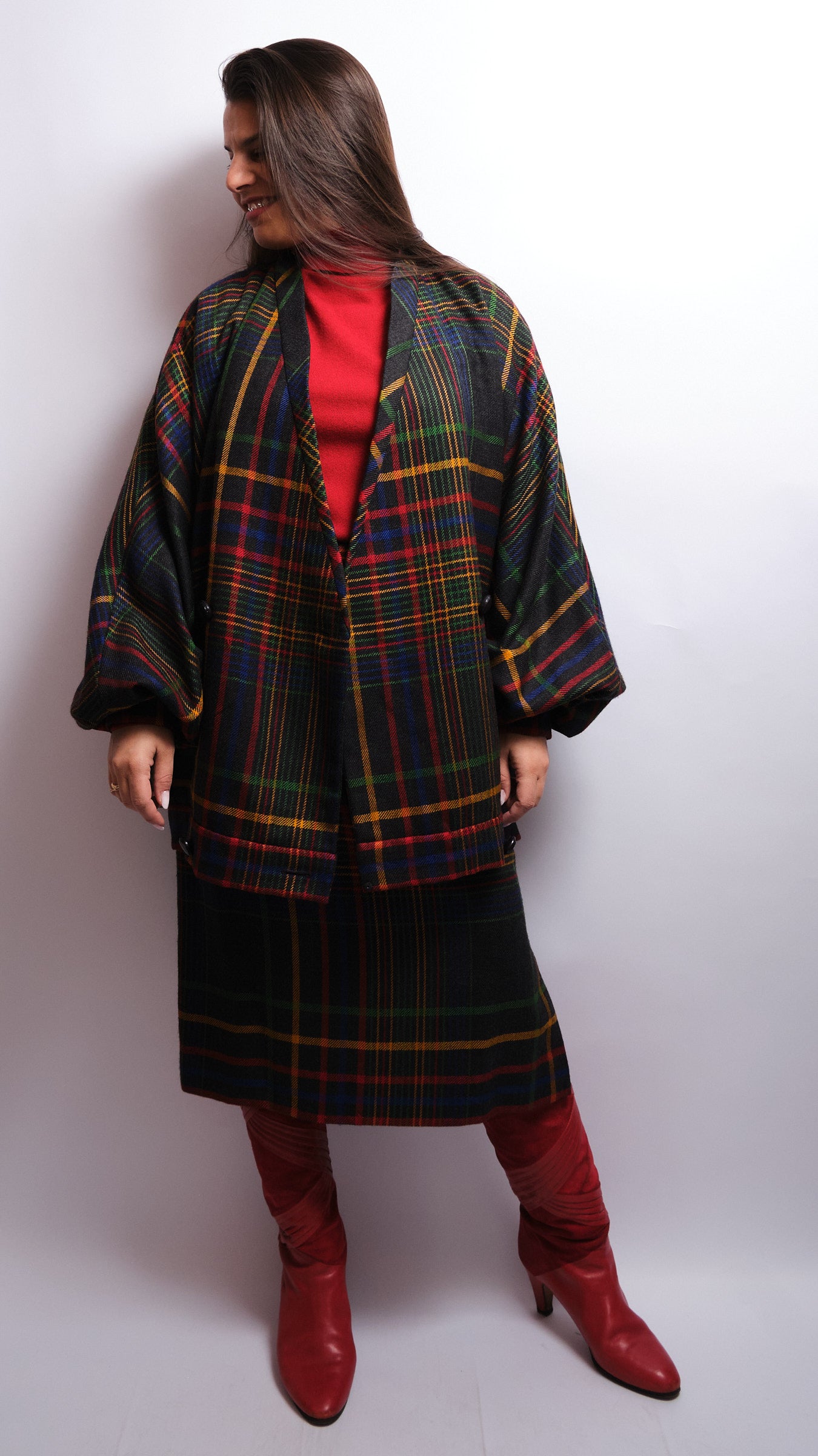 Tailleur jupe vintage tartan multicolore – laine fine, fait main, années 80 / 90