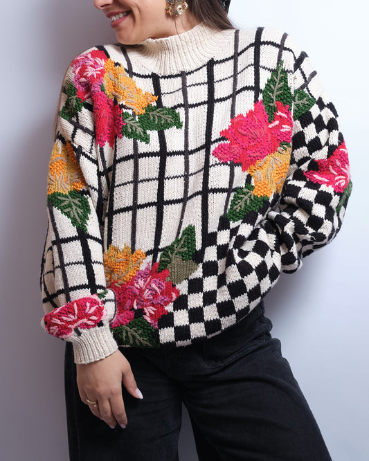 Pull vintage brodé main – 90s