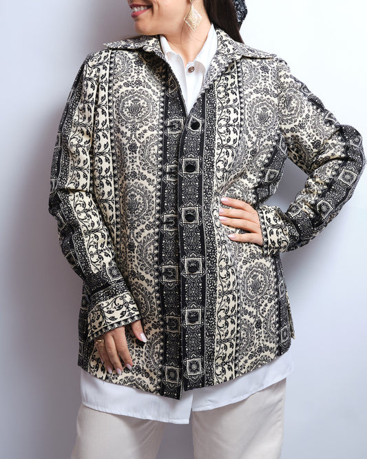 Blazer chemisier vintage 90s – imprimé baroque noir & crème, pièce artisanale