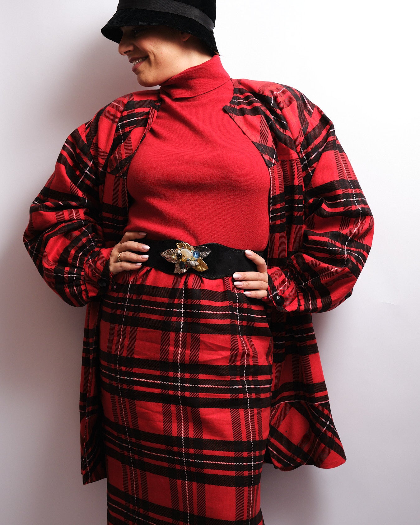 Tailleur jupe vintage tartan rouge – fait main, années 80 / 90
