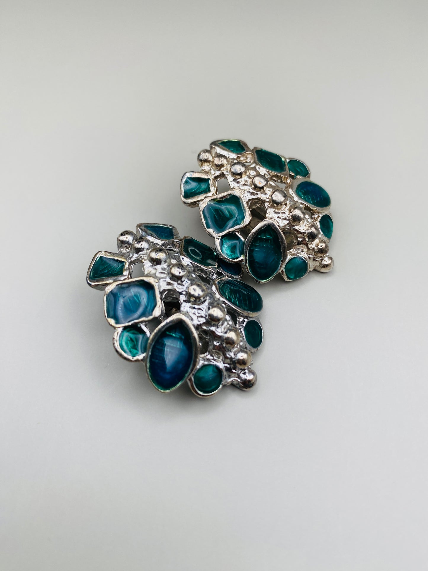 Clips Vintage argentés et verts, style mosaïque